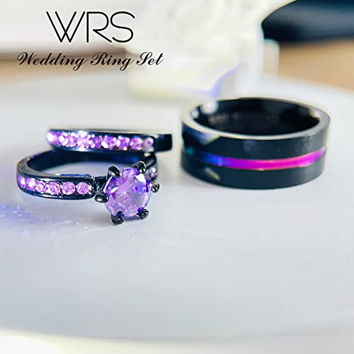 Couples' Matching Wedding Ring Set - His and Hers Violet CZ Engagement Rings with Men's Tungsten Band in Black Gold Fill