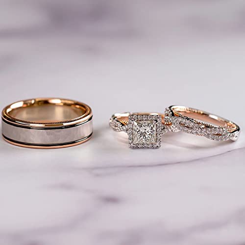 Hypoallergenic Rose Gold Couples' Engagement Ring Set: His and Hers, Size 6-10