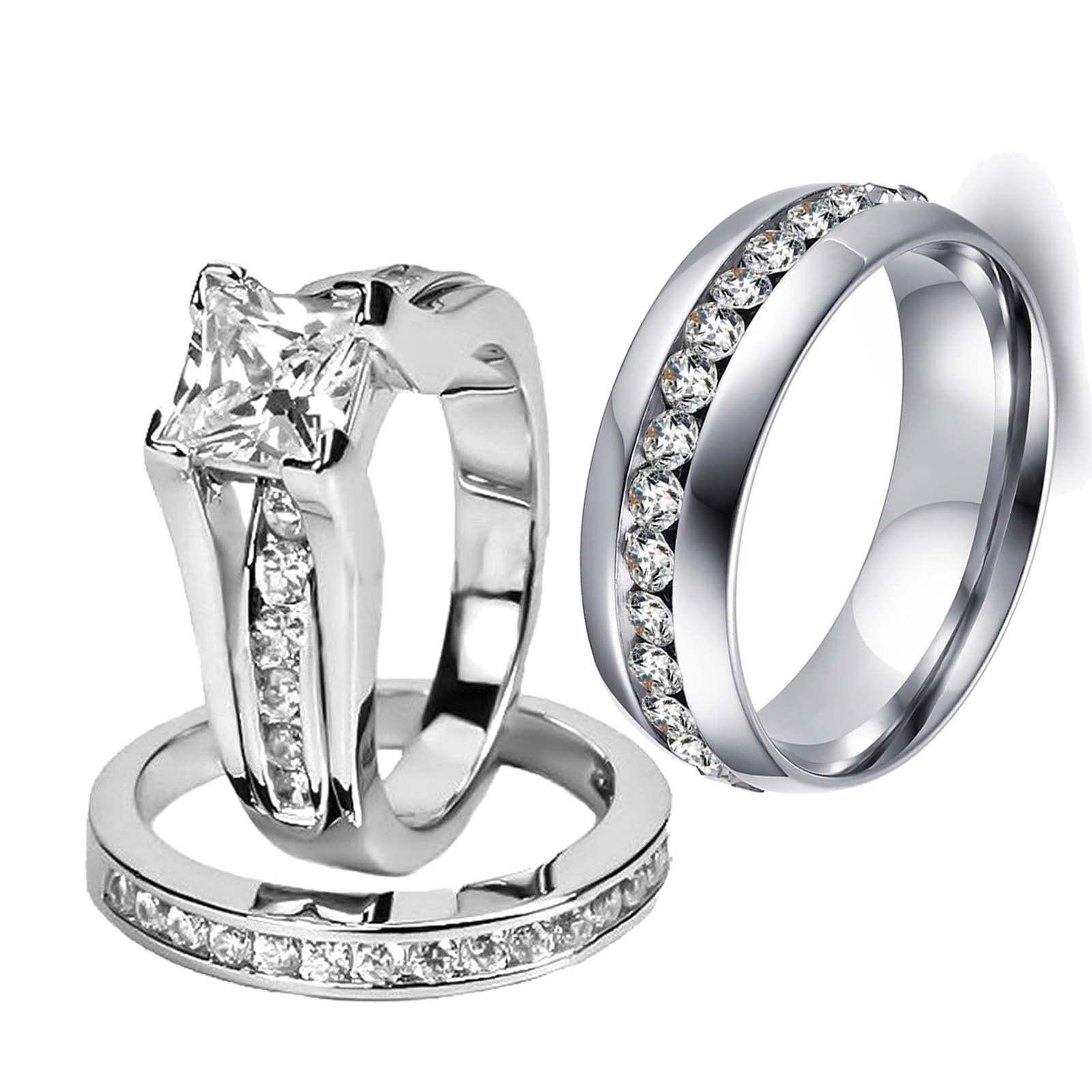 Matching His-and-Hers Wedding Rings with CZ Stones and Titanium Bands for Couples