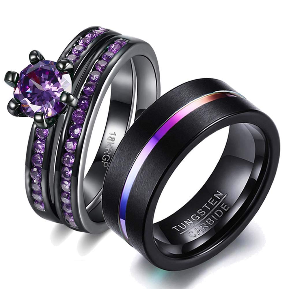 Couples' Matching Wedding Ring Set - His and Hers Violet CZ Engagement Rings with Men's Tungsten Band in Black Gold Fill