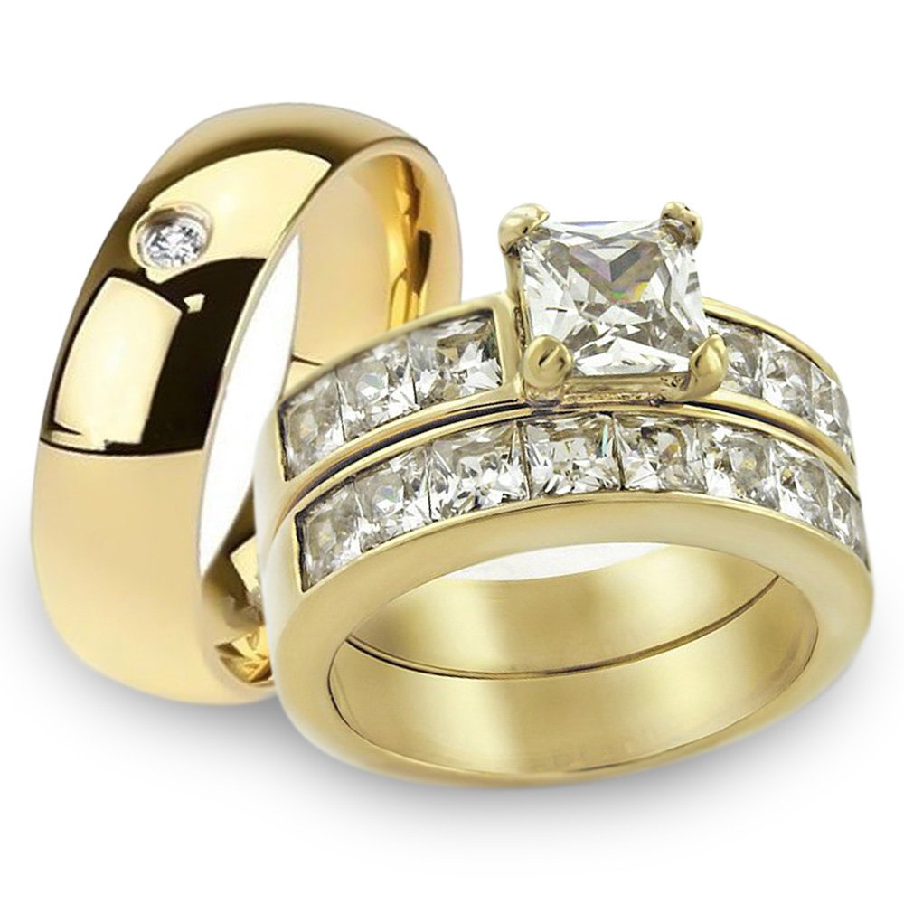 His and Her Wedding Rings with Men's Band in 14K Gold Plating